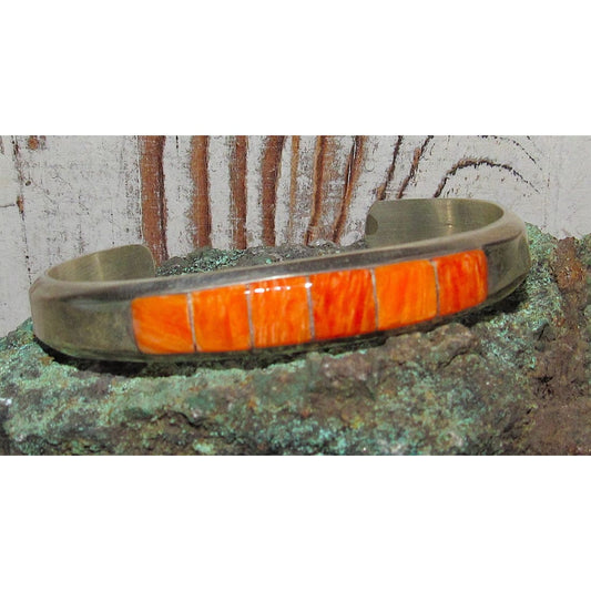 Navajo Orange Spiny Inlay Stacker Cuff Bracelet Sterling