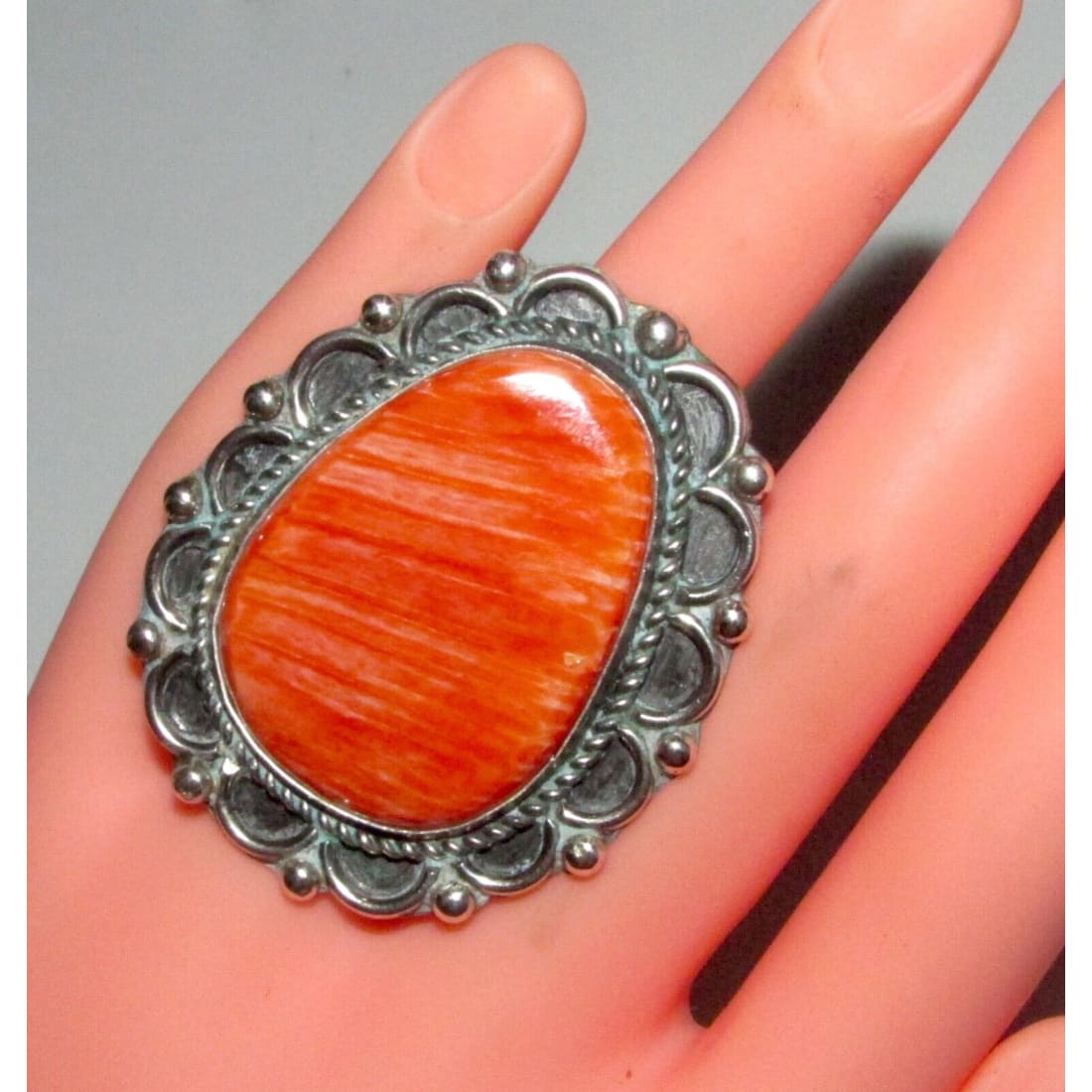 Huge Navajo Orange Spiny Ring Size 6 Sterling Silver D Brown