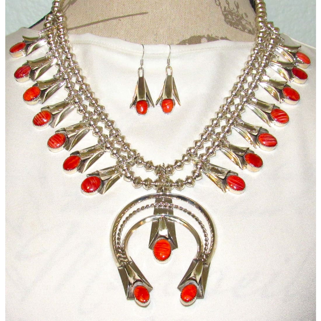 Navajo Orange Spiny Squash Blossom Necklace & Earrings Set