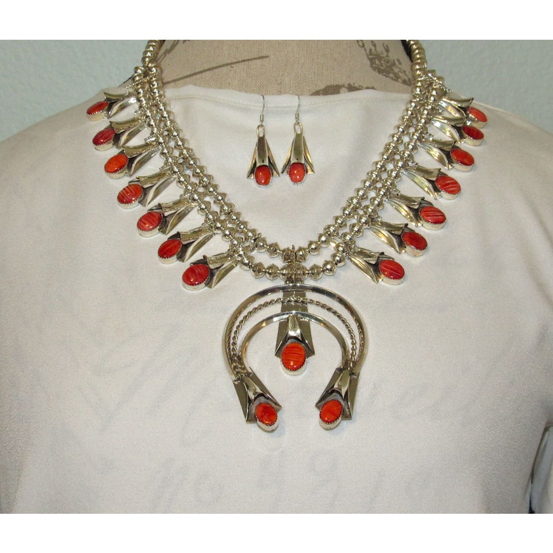 Navajo Orange Spiny Squash Blossom Necklace & Earrings Set