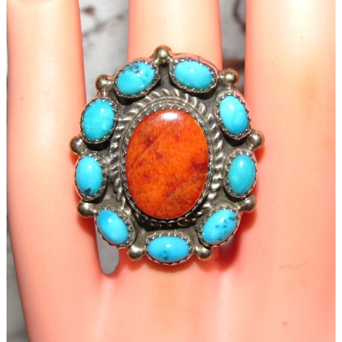 Navajo Orange Spiny Turquoise Cluster Ring Sz 6 Sterling