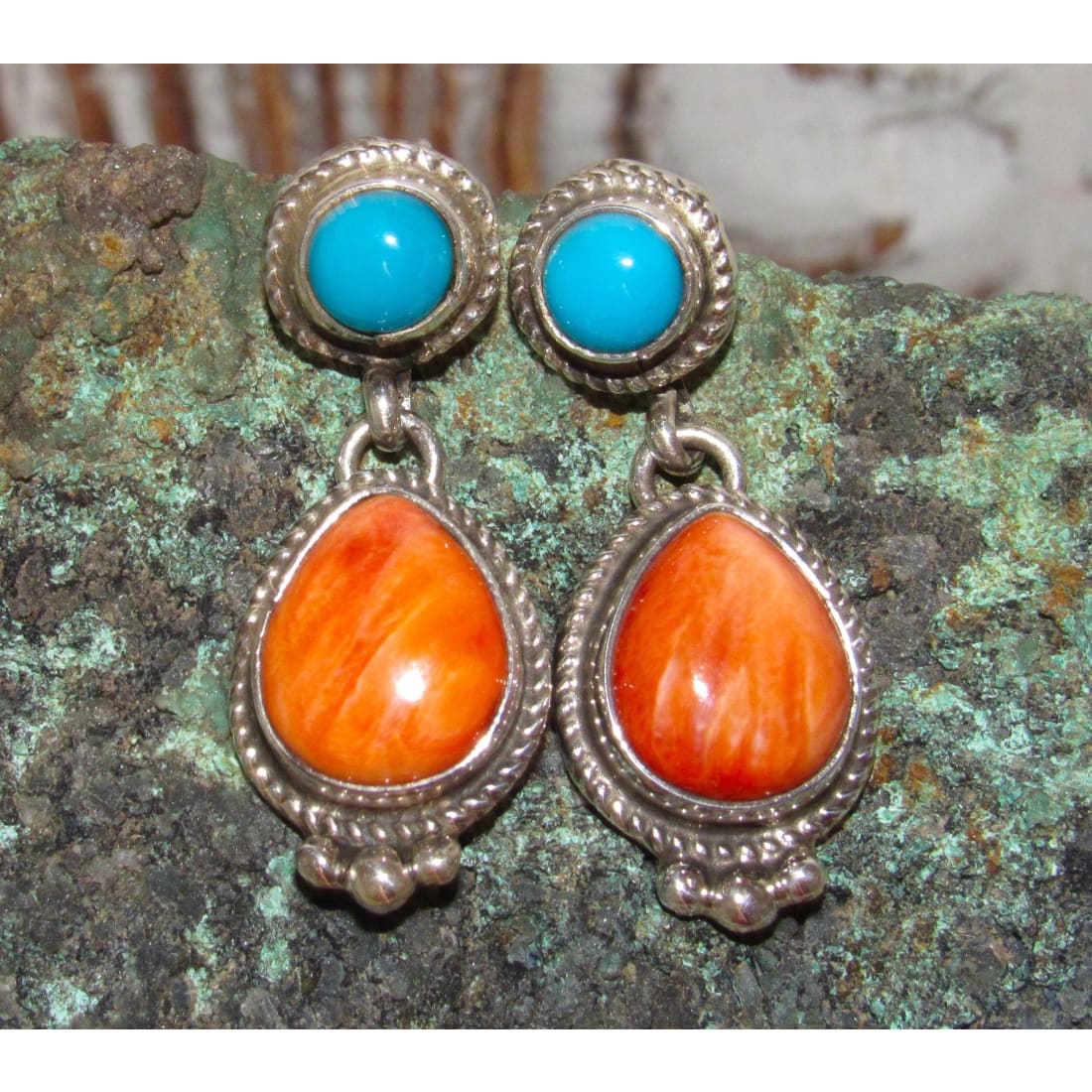 Navajo Orange Spiny Turquoise Earrings M. James - Jewelry &