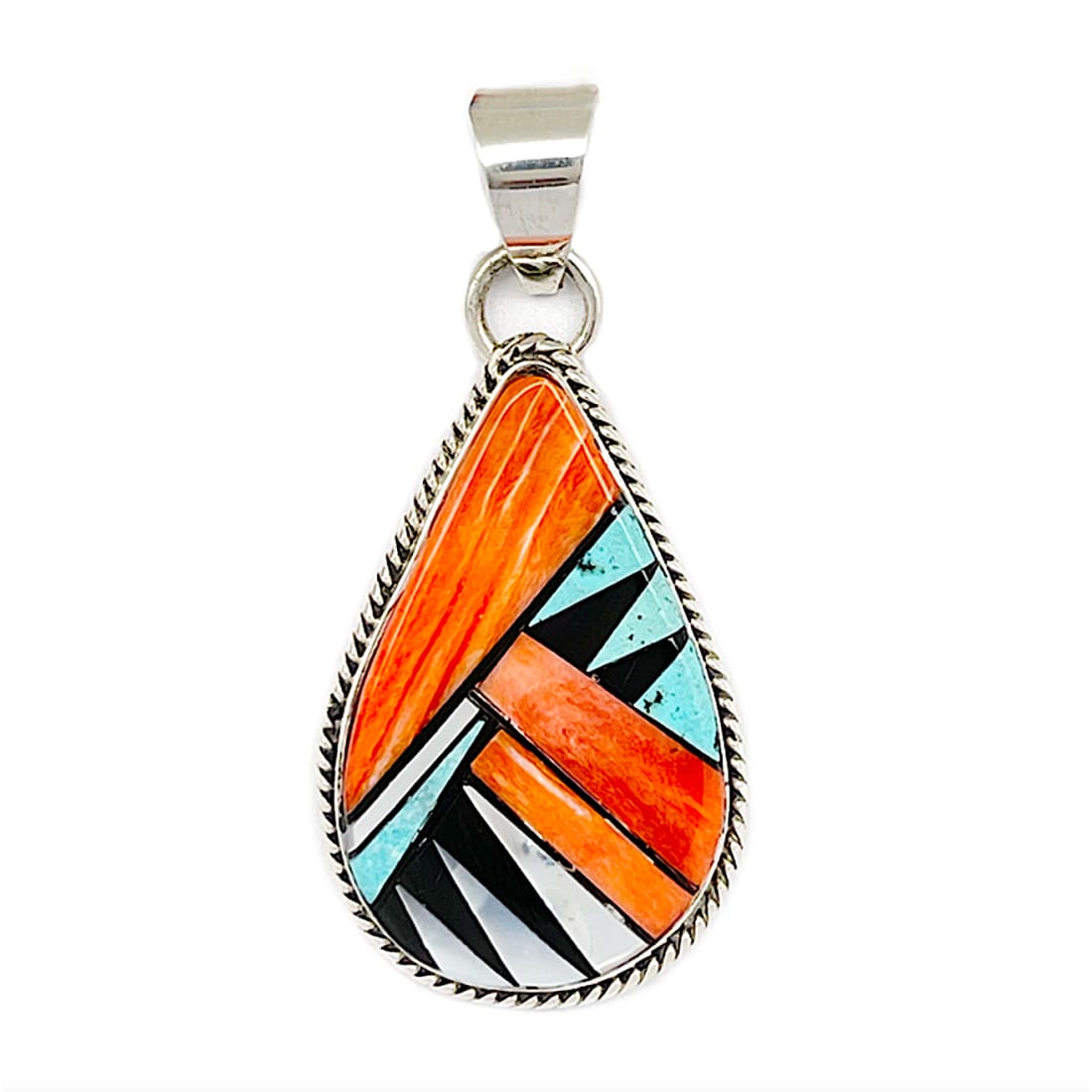 Navajo Orange Spiny Turquoise Inlay Pendant Sterling Silver