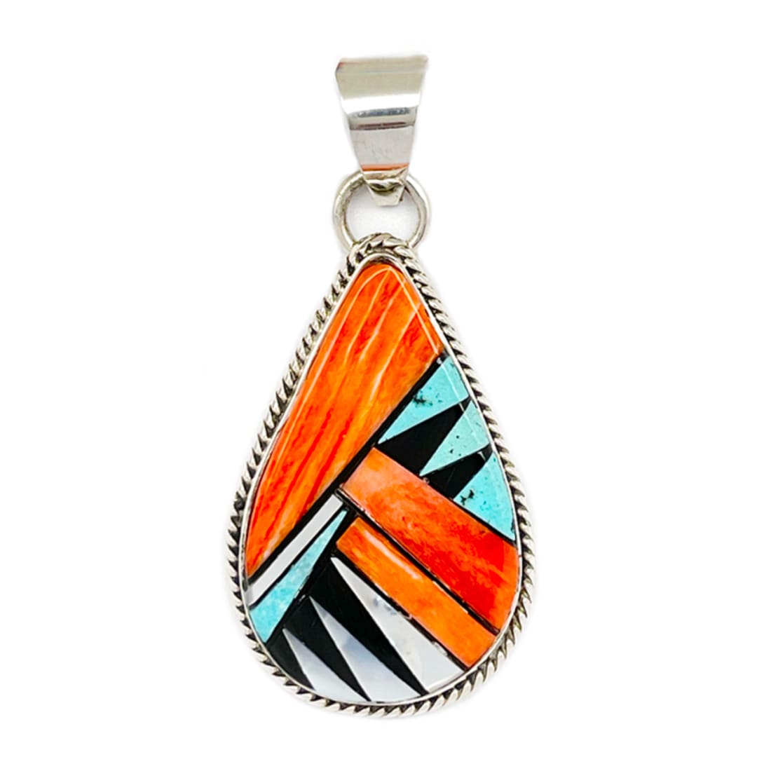 Navajo Orange Spiny Turquoise Inlay Pendant Sterling Silver