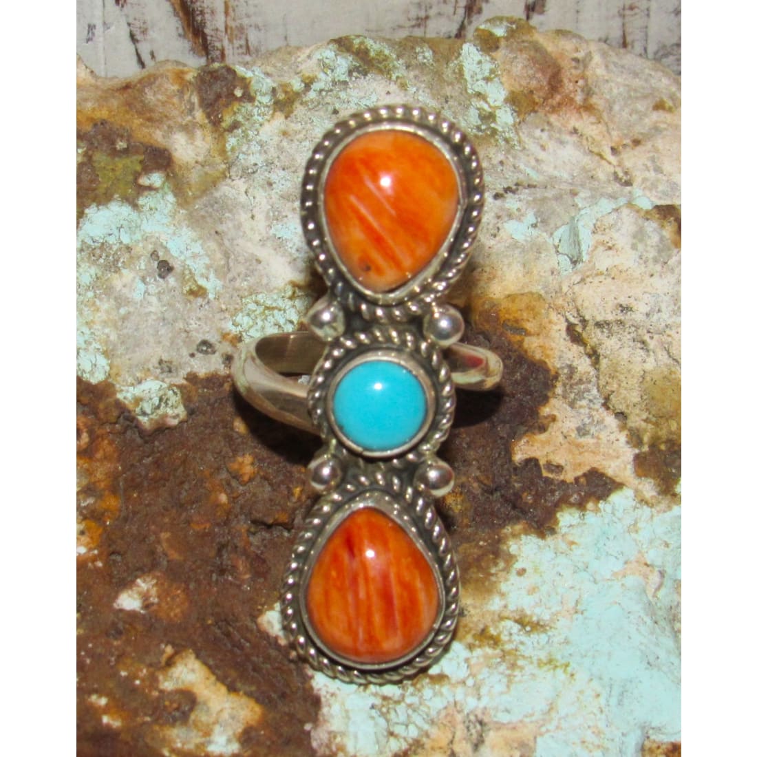 Navajo Orange Spiny Turquoise Ring Sz 7.5 Adjustable M.