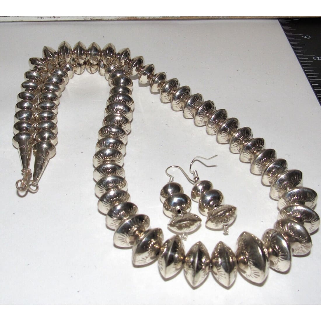Navajo Pearls Hand Stamped Necklace & Earrings Set Sterling