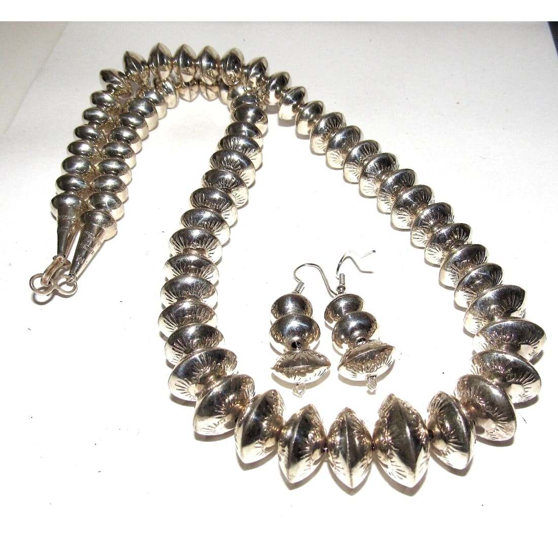 Navajo Pearls Hand Stamped Necklace & Earrings Set Sterling