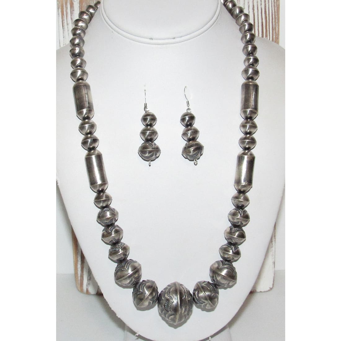 Navajo Pearls Hand Stamped Necklace & Earrings Set Sterling