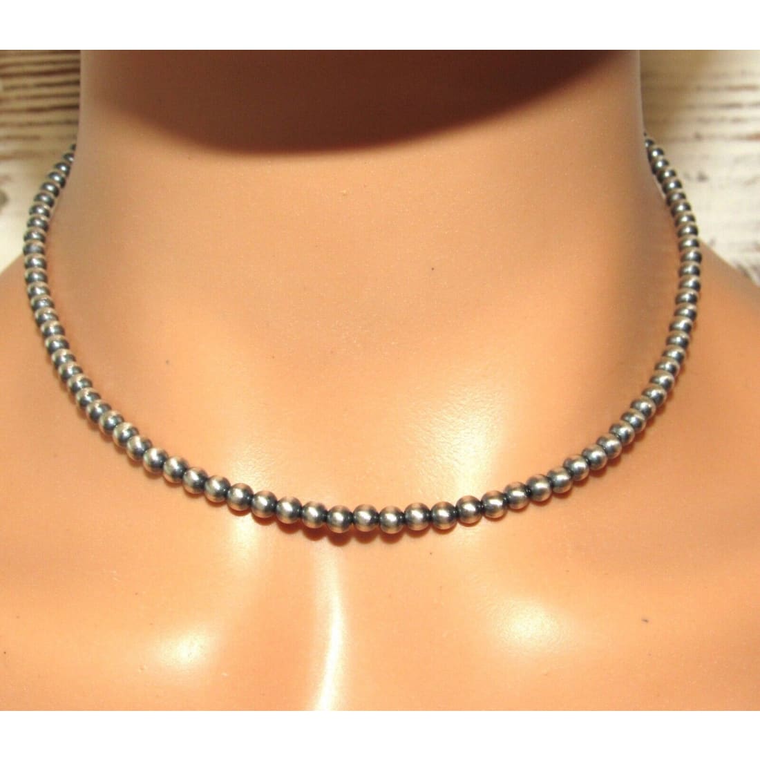 Navajo Pearls Necklace Sterling Silver 4mm Beads Necklace