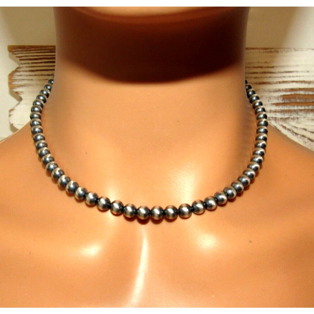 Navajo Pearls Necklace Sterling Silver 6mm Beads Necklace