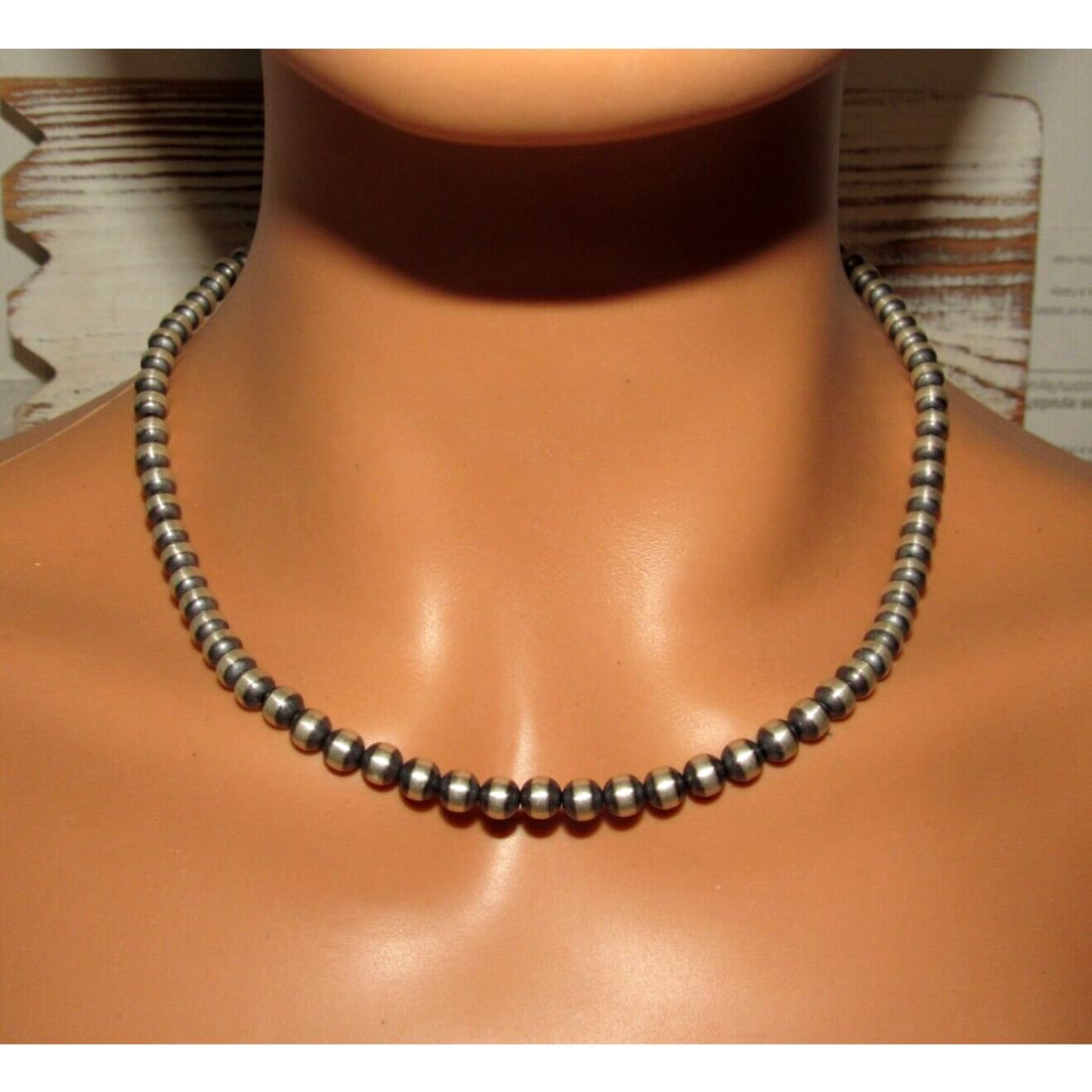 Native American Navajo pearls necklace sterling silver round bead design on mannequin