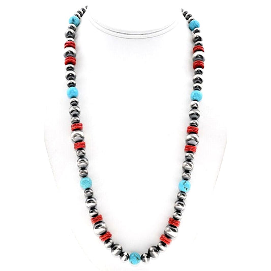 Navajo Pearls Necklace Sterling Silver Turquoise Coral