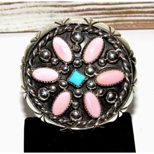 Navajo Pink Conch 7 Turquoise Cluster Ring Size 5 Sterling