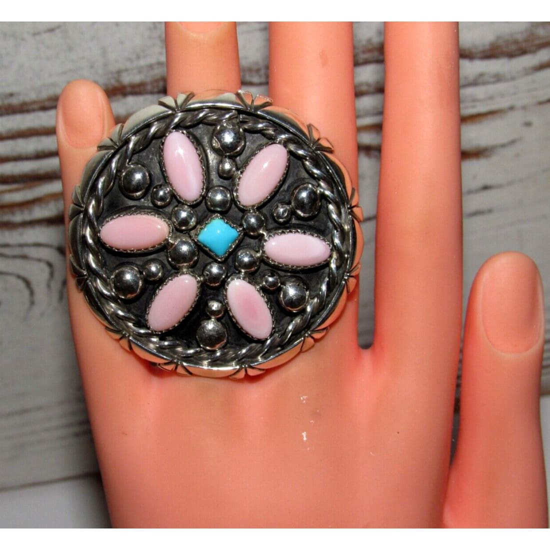 Navajo Pink Conch 7 Turquoise Cluster Ring Size 5 Sterling