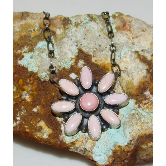 Navajo Pink Conch Cluster Bar Necklace Sterling Silver B.