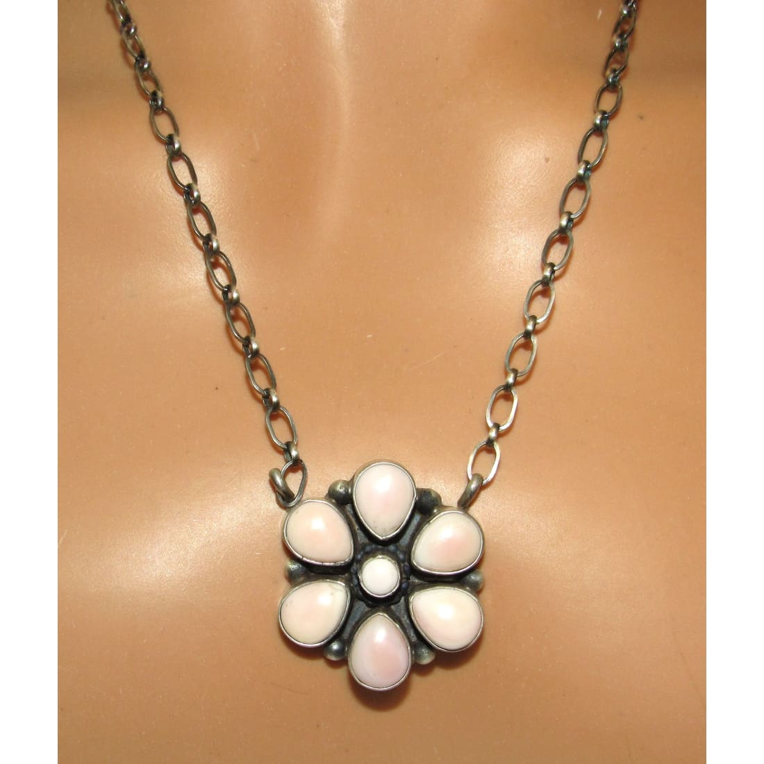 Navajo Pink Conch Cluster Bar Necklace Sterling Silver B.