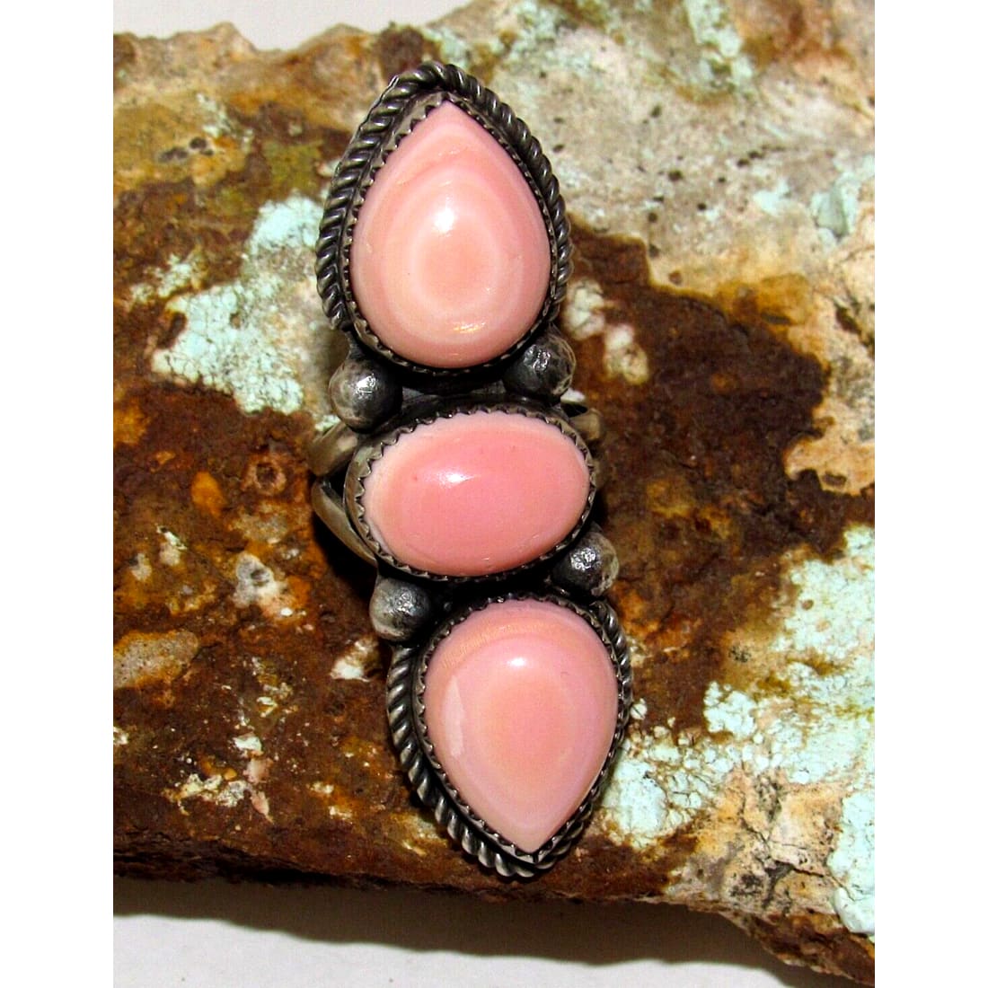 Navajo Pink Conch Cluster Ring Size 7 Adjustable Sterling