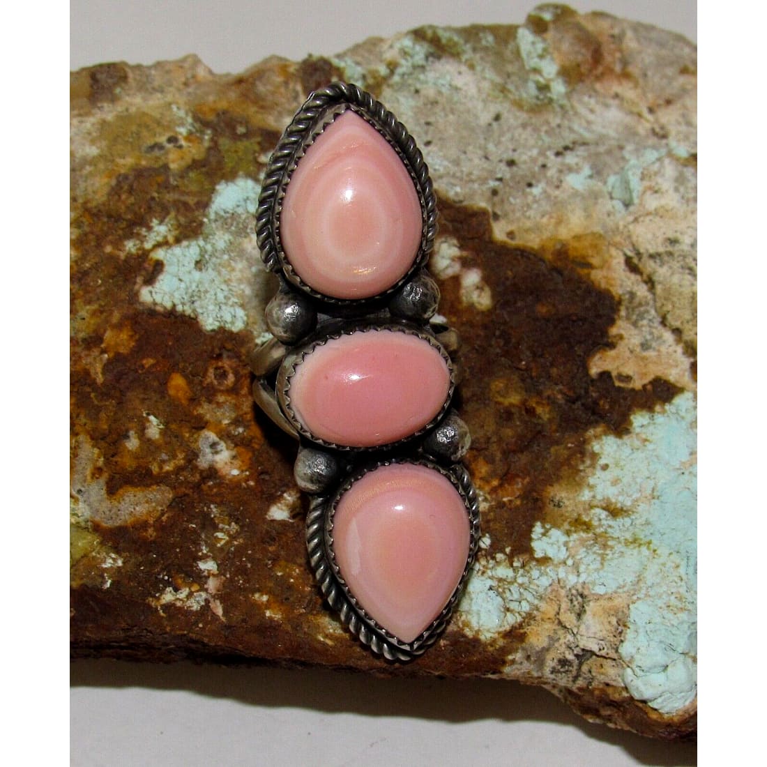 Navajo Pink Conch Cluster Ring Size 7 Adjustable Sterling