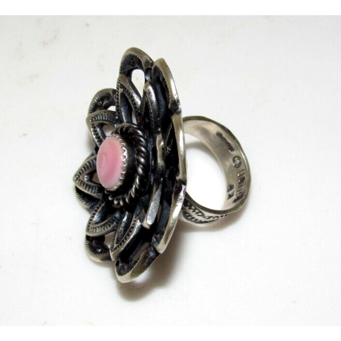 Navajo Pink Conch Flower Statement Ring Size 8 Sterling