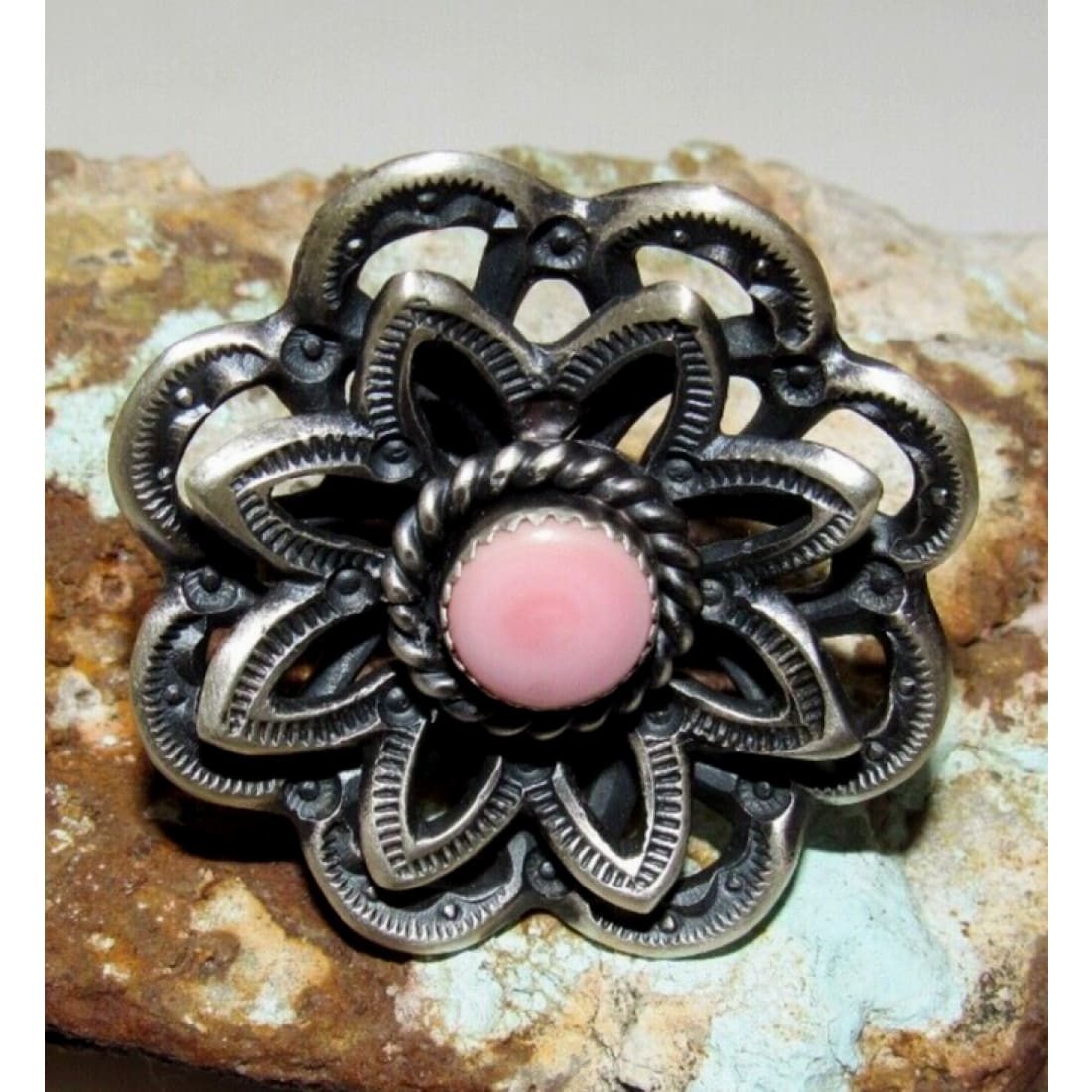 Navajo Pink Conch Flower Statement Ring Size 8 Sterling
