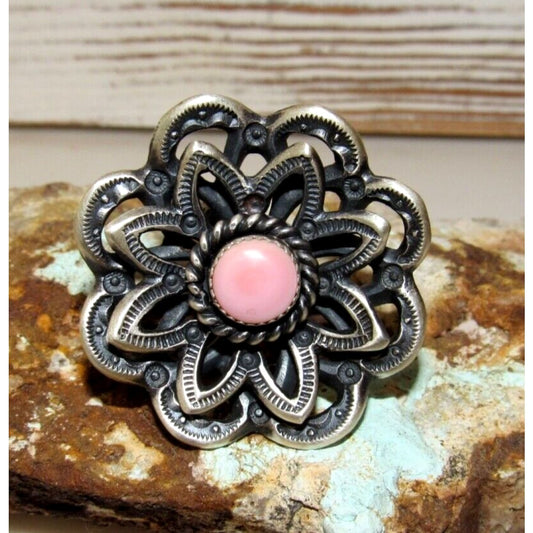 Navajo Pink Conch Flower Statement Ring Size 8 Sterling