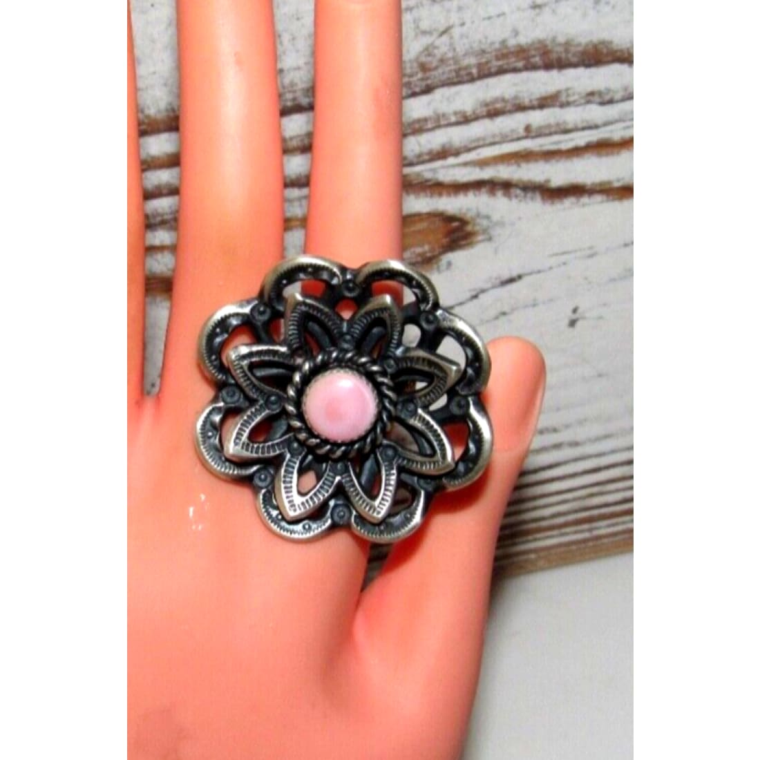 Navajo Pink Conch Flower Statement Ring Size 9 Sterling