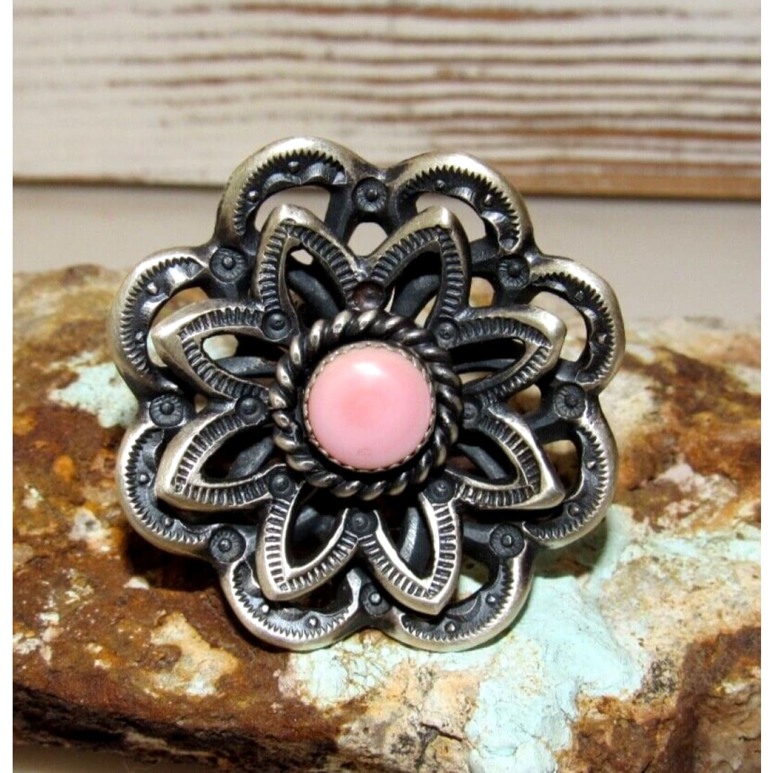 Navajo Pink Conch Flower Statement Ring Size 9 Sterling