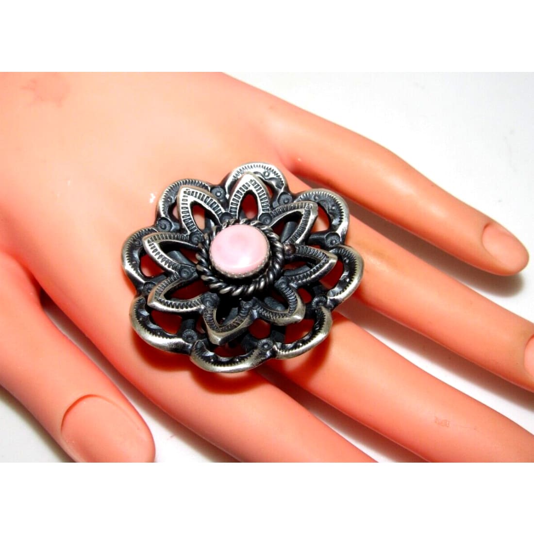 Navajo Pink Conch Flower Statement Ring Size 9 Sterling