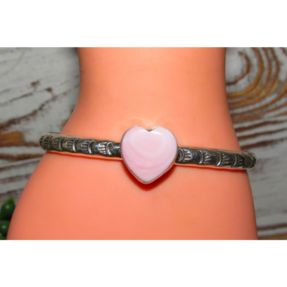 Navajo Pink Conch Heart Bracelet Stacker Sterling Silver