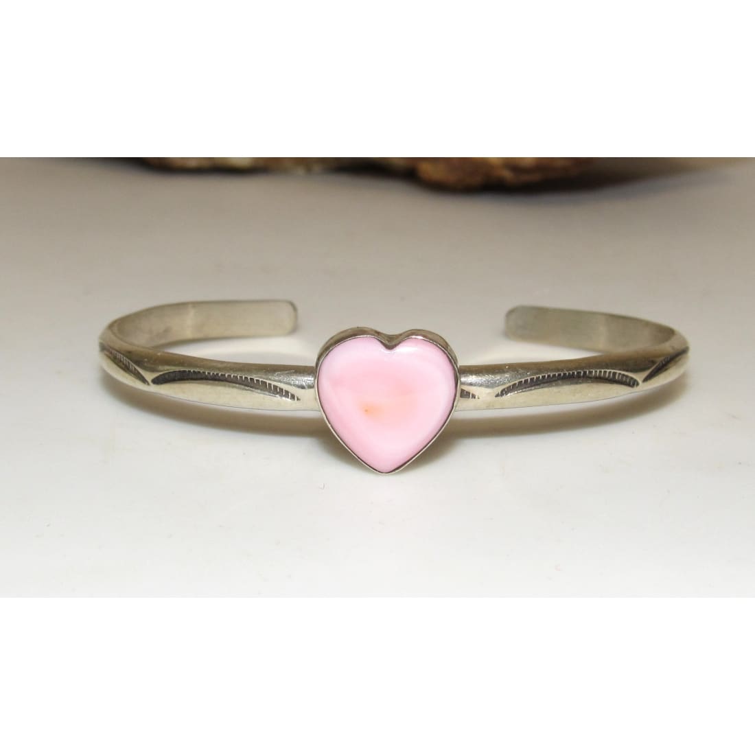 Navajo Pink Conch Heart Bracelet Stacker Sterling Silver