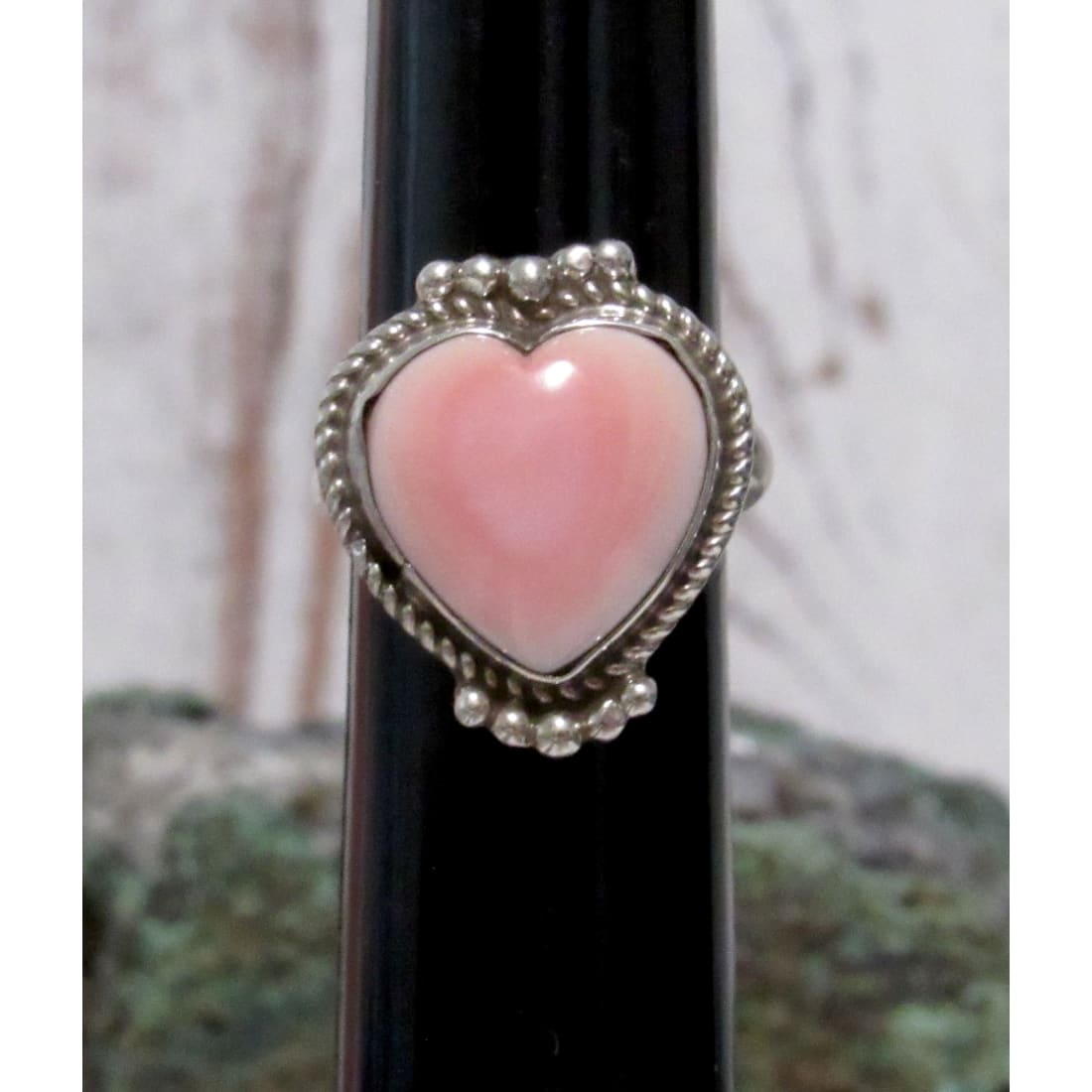 Navajo Pink Conch Heart Ring Sz 8 Sterling Silver M. James