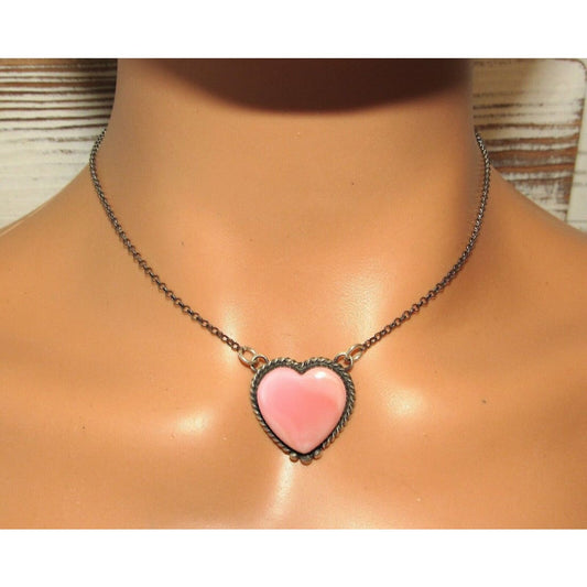 Navajo Pink Conch Shell Heart Bar Necklace Sterling Silver