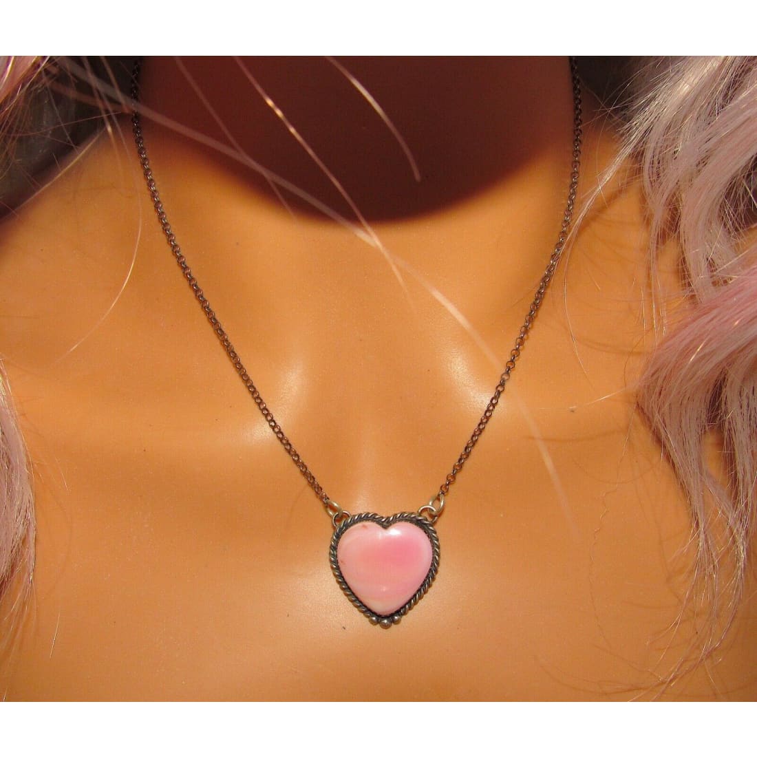 Navajo Pink Conch Shell Heart Bar Necklace Sterling Silver