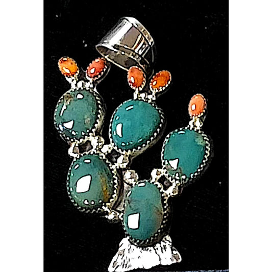 Navajo Prickly Pear Cactus Pendant Sterling Silver Turquoise