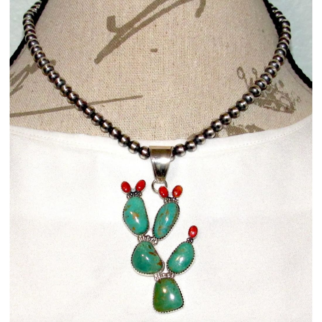 Navajo Prickly Pear Cactus Pendant Sterling Turquoise Red