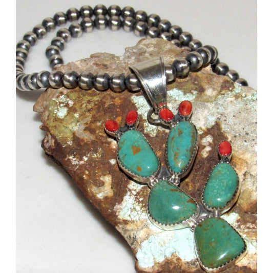 Navajo Prickly Pear Cactus Pendant Sterling Turquoise Red