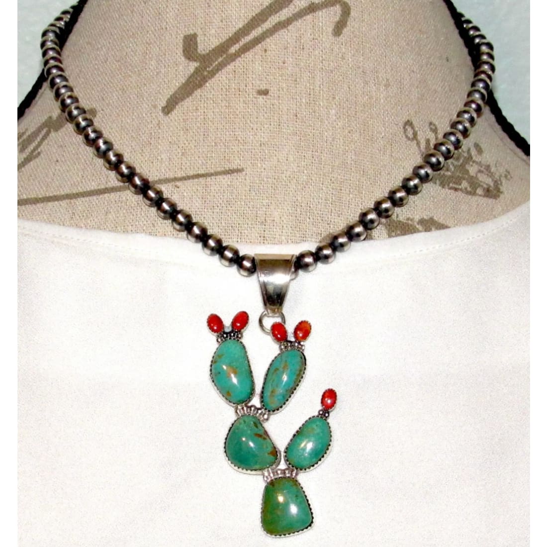 Navajo Prickly Pear Cactus Pendant Sterling Turquoise Red