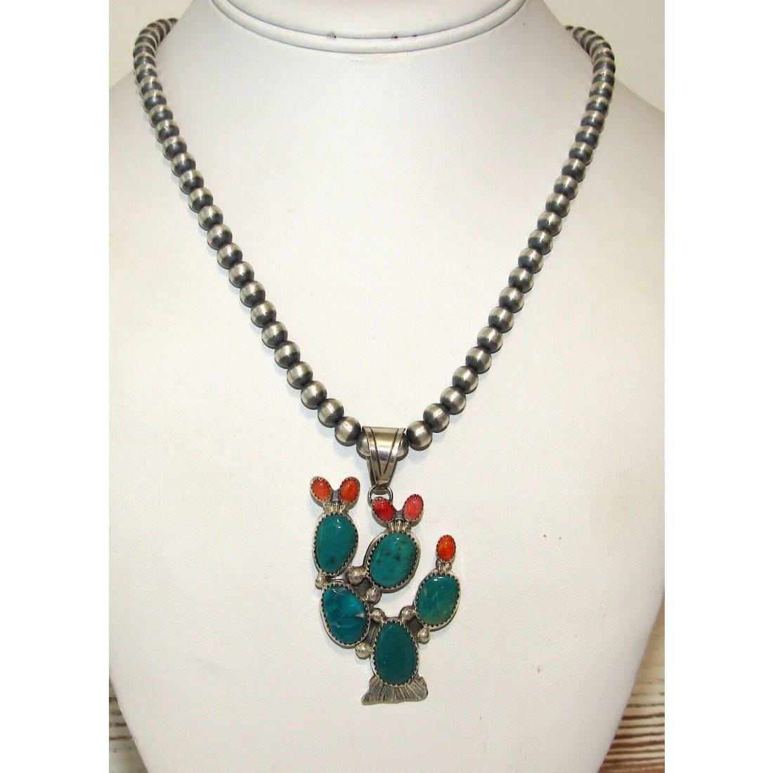 Navajo Prickly Pear Cactus Pendant Sterling Turquoise Red