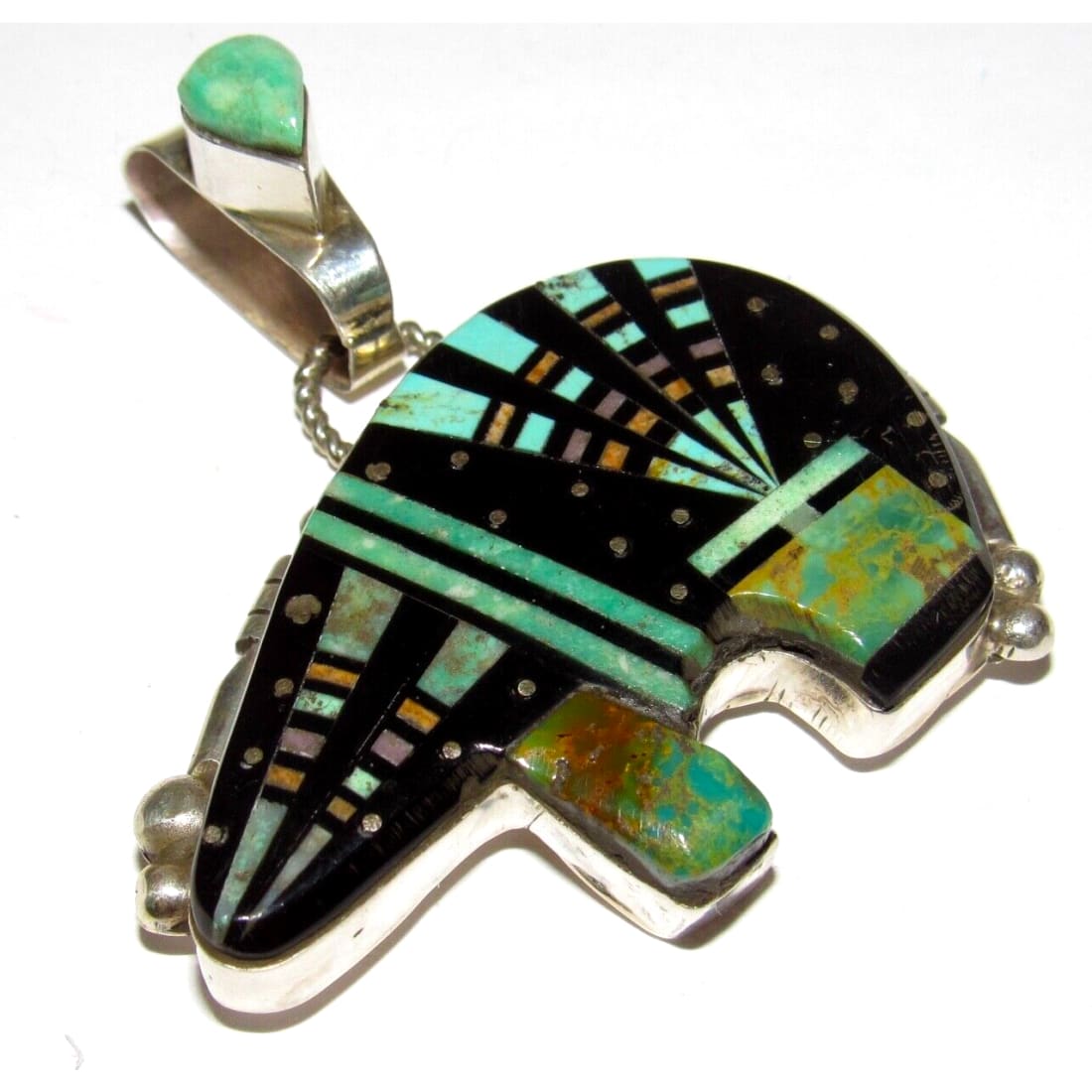 Navajo Ray Jack Bear Pendant Turquoise Jet Inlay Native