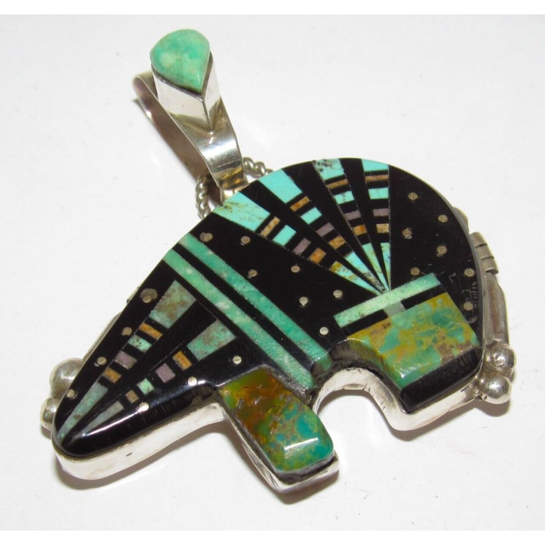 Navajo Ray Jack Bear Pendant Turquoise Jet Inlay Native