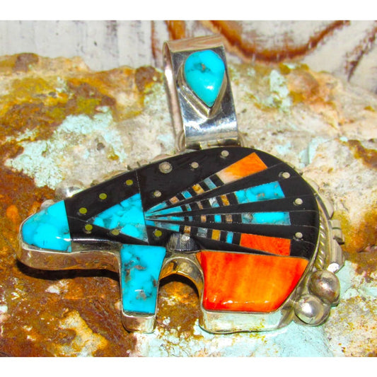 Navajo Ray Jack Bear Pendant Turquoise Spiny Jet Inlay
