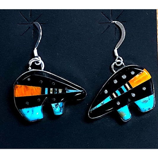 Navajo Ray Jack Turquoise Coral Jet Inlay Bear Earrings