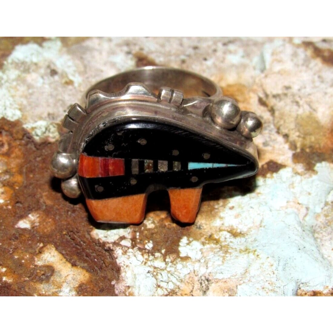 Navajo Ray Jack Turquoise Spiny Jet Inlay Bear Ring Size 7.5