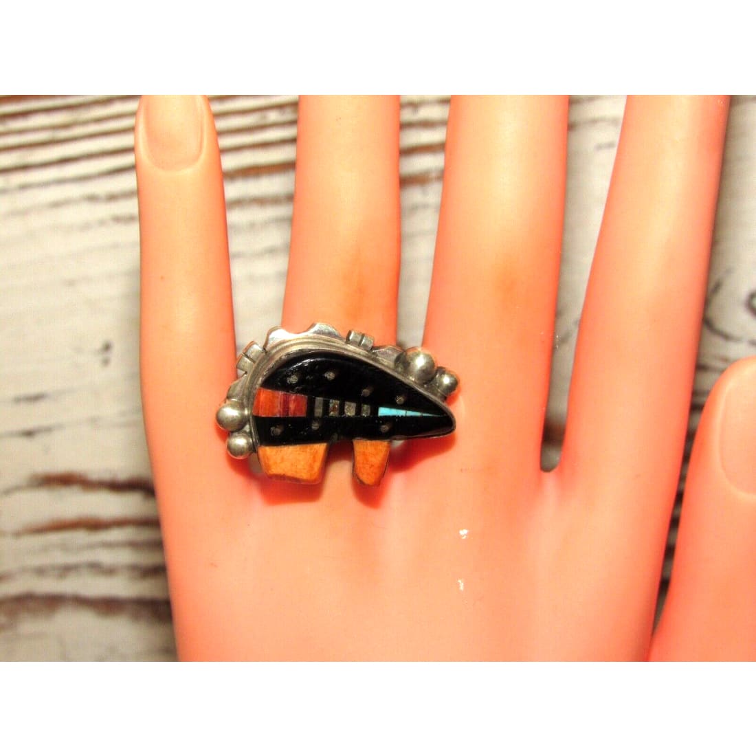 Navajo Ray Jack Turquoise Spiny Jet Inlay Bear Ring Size 7.5