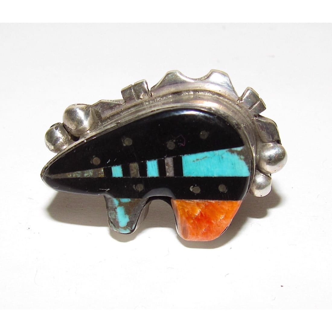 Navajo Ray Jack Turquoise Spiny Jet Inlay Bear Ring Size 7 -