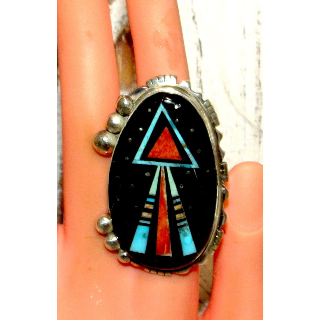 Navajo Ray Jack Turquoise Spiny Jet Inlay Galaxy Ring Size