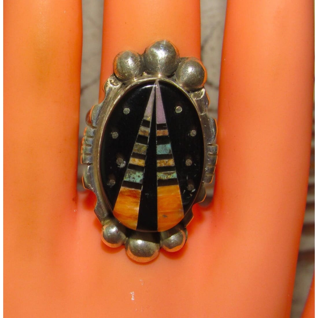 Navajo Ray Jack Turquoise Spiny Jet Inlay Galaxy Ring Size 9