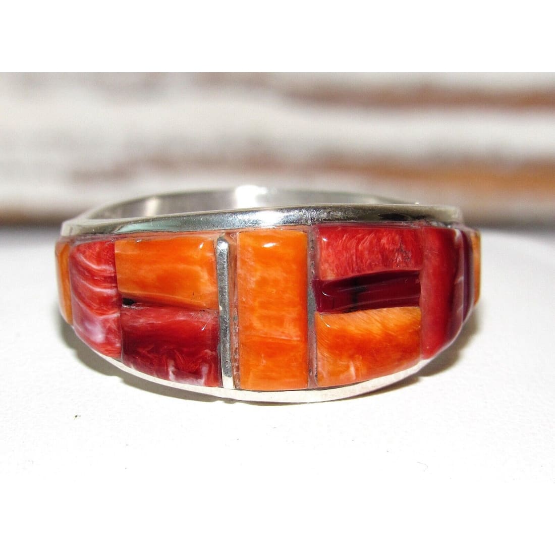 Navajo Red & Orange Spiny Cobble Inlay Ring Sz 10 Sterling