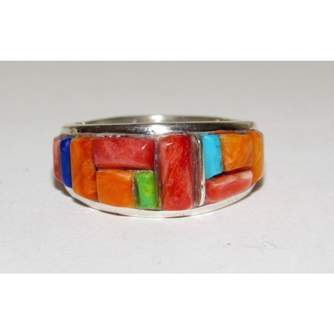 Navajo Red & Orange Spiny Cobble Inlay Ring Sz 7.5 Sterling