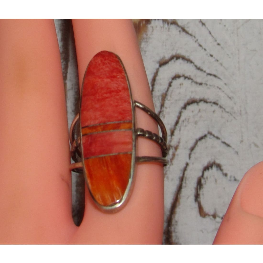 Navajo Red & Orange Spiny Inlay Ring Sz 8 Sterling Silver